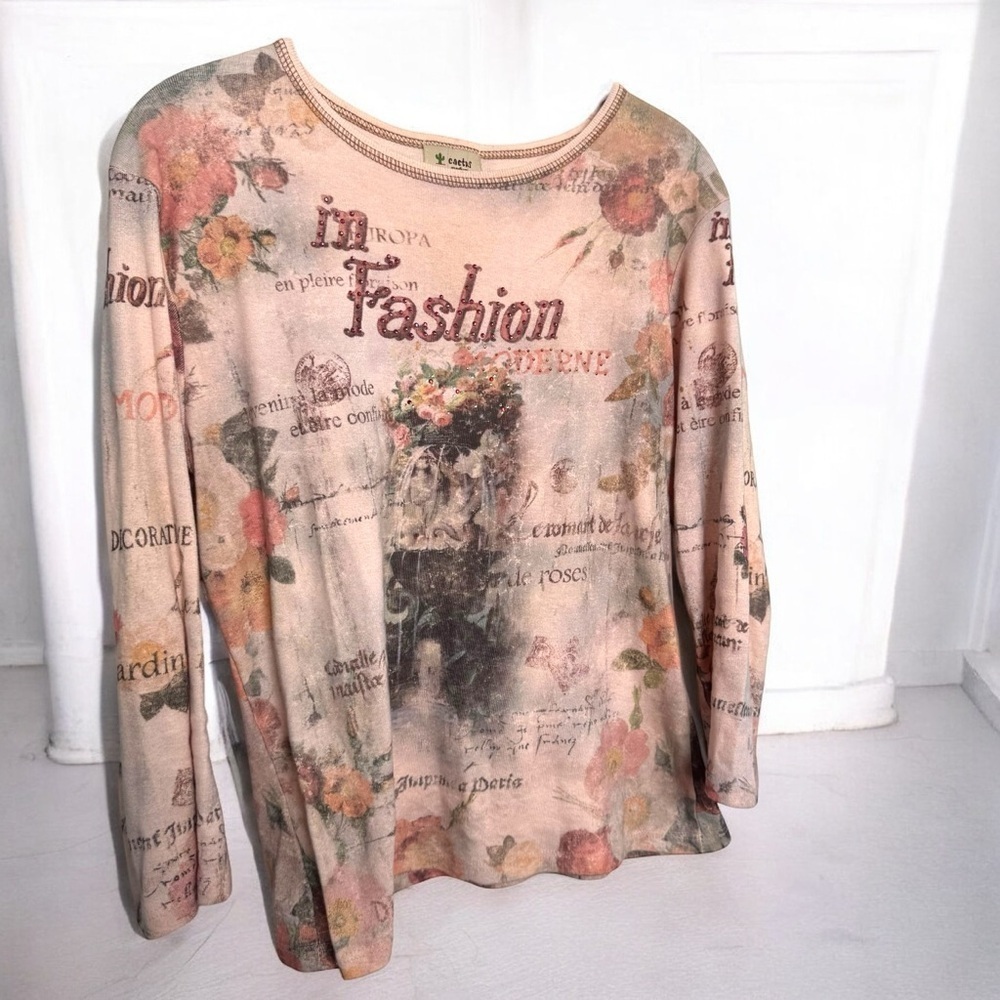 Vintage Y2K Floral Print Long Sleeve Top Bling rhinestone coquette shabby chic m